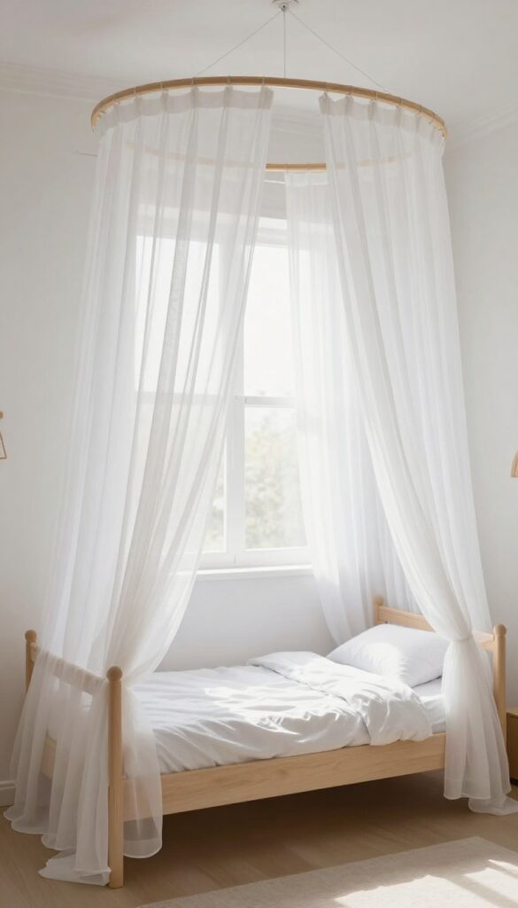 Simple canopy made with embroidery hoop and sheer curtains over a bed in a bright kids bedroom