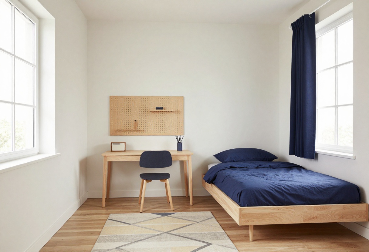 Modern boys bedroom with platform bed, desk, and geometric rug in natural light