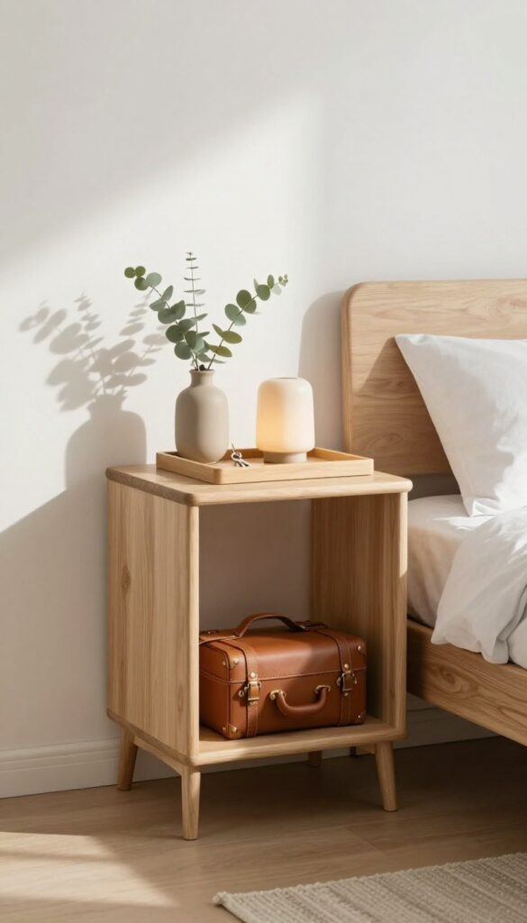 Slim console table with open lower shelf used as luggage rack in tiny guest bedroom