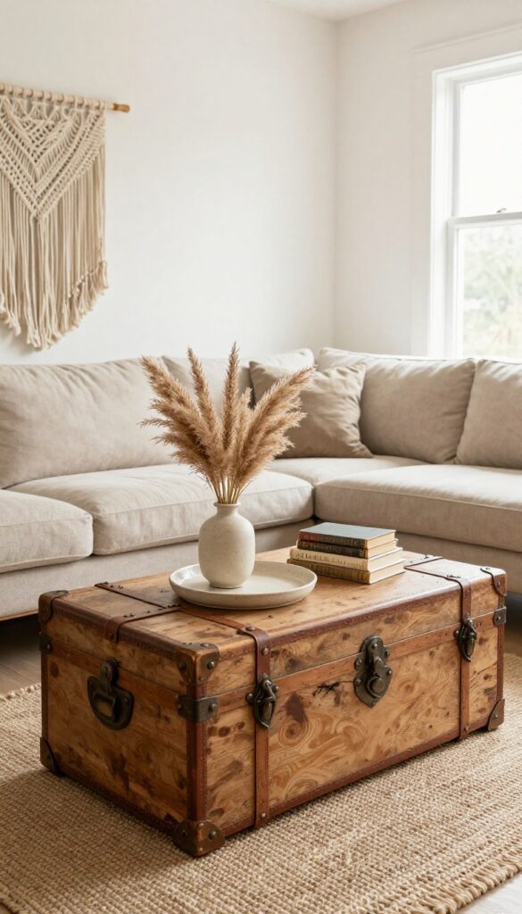 Boho living room with vintage trunk coffee table, distressed wood, leather straps, tray with vase and books, jute rug, low sofa, macrame, natural light.