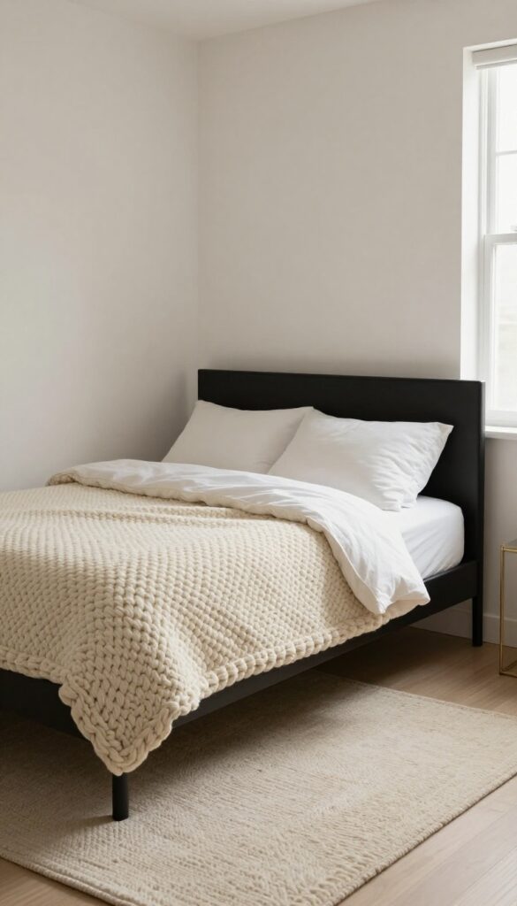 Small bedroom with dark wall, black bed frame, and large cream chunky knit rug on hardwood floor, soft natural light.