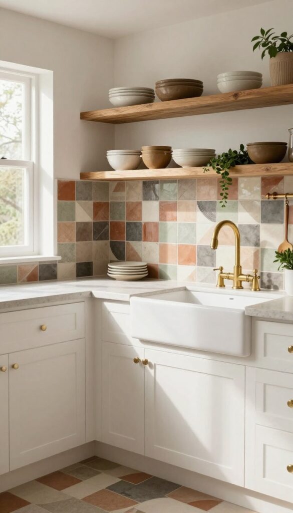 Polished farmhouse kitchen with geometric cement tile backsplash in earthy tones, warm wood shelving, and brushed brass fixtures.