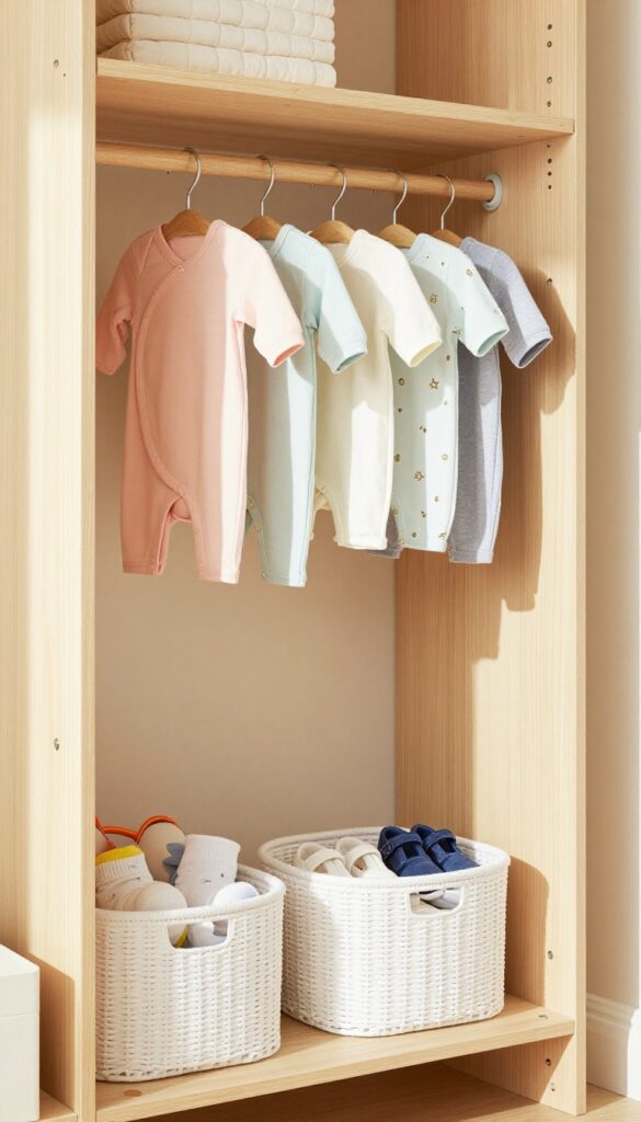 A mini closet system for a baby boy's room with an adjustable low rod and stackable bins in warm wood and soft white tones.