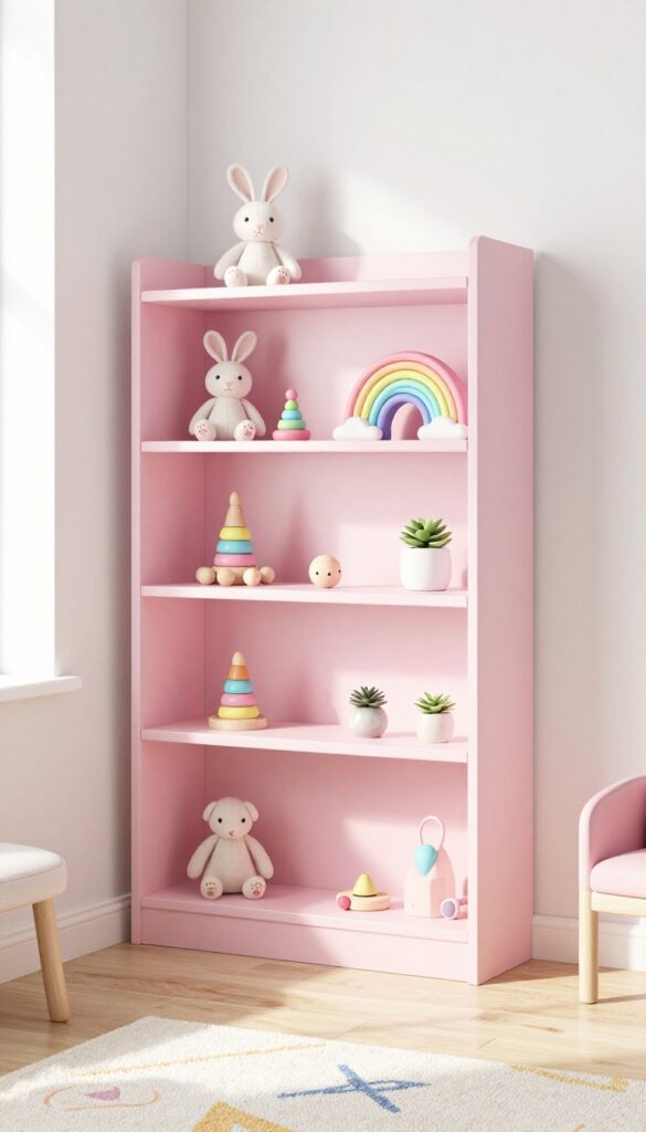 Wall-mounted toy display shelves in a toddler girl's bedroom with pastel pink shelves and a curated toy display.