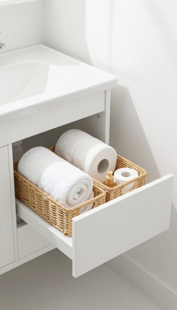 Pull-out drawer under sink with woven baskets organizing toilet paper and towels in a chic half bath.