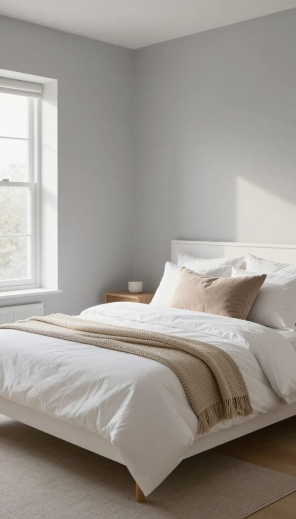 Cozy grey and white bedroom with soft grey accent wall, white bedding, natural wood accents, and soft natural light.
