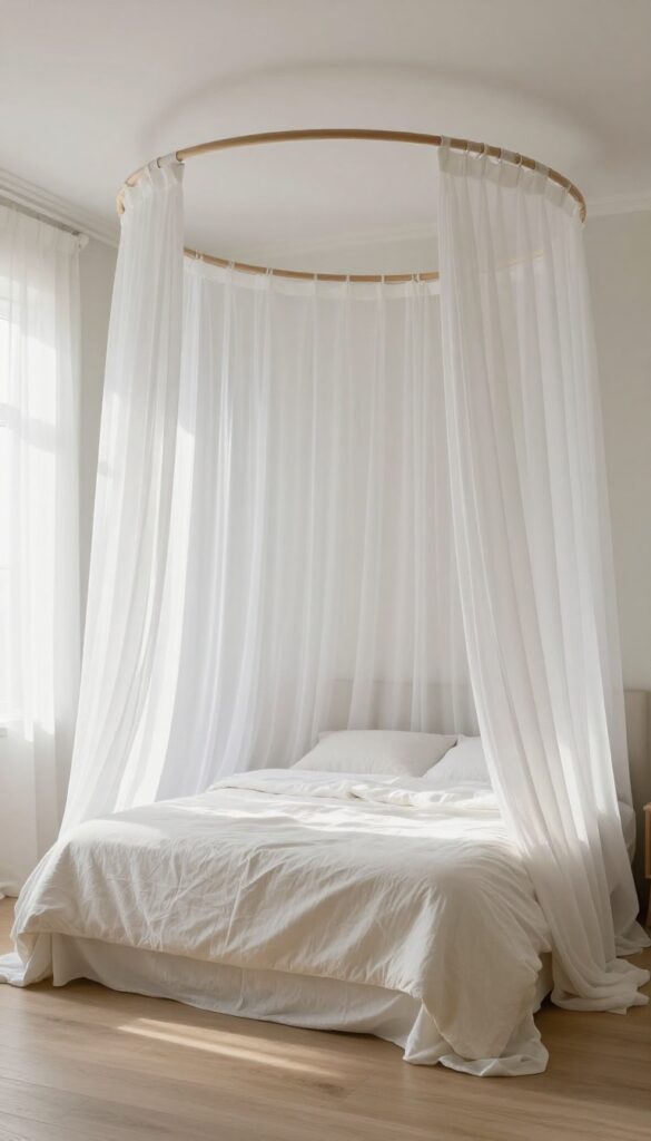 Dreamy canopy bed with white sheer curtains in a bright neutral bedroom