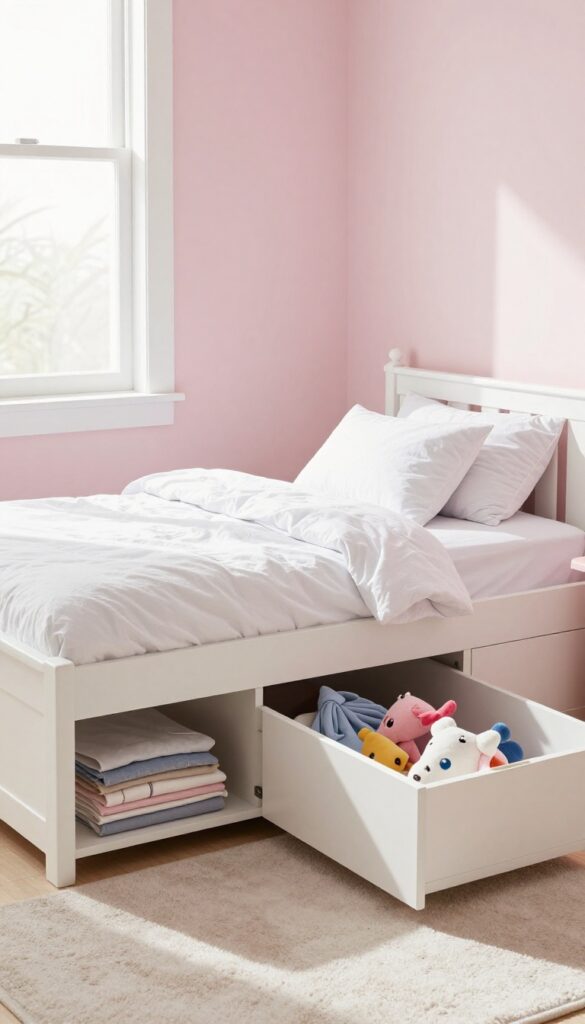 A twin bed with a pull-out trundle and built-in drawers in a bright kids' bedroom, showcasing multi-functional furniture for small spaces.