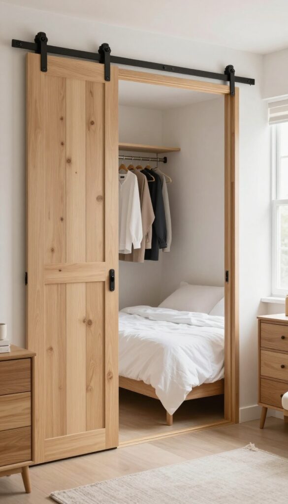 Small bedroom with sliding barn door and natural light