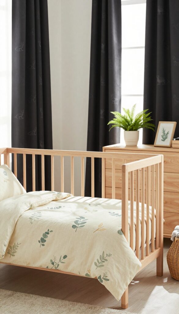 Toddler boy's bedroom with nature-inspired leaf print bedding and animal silhouette curtains in a bright, natural light setting.