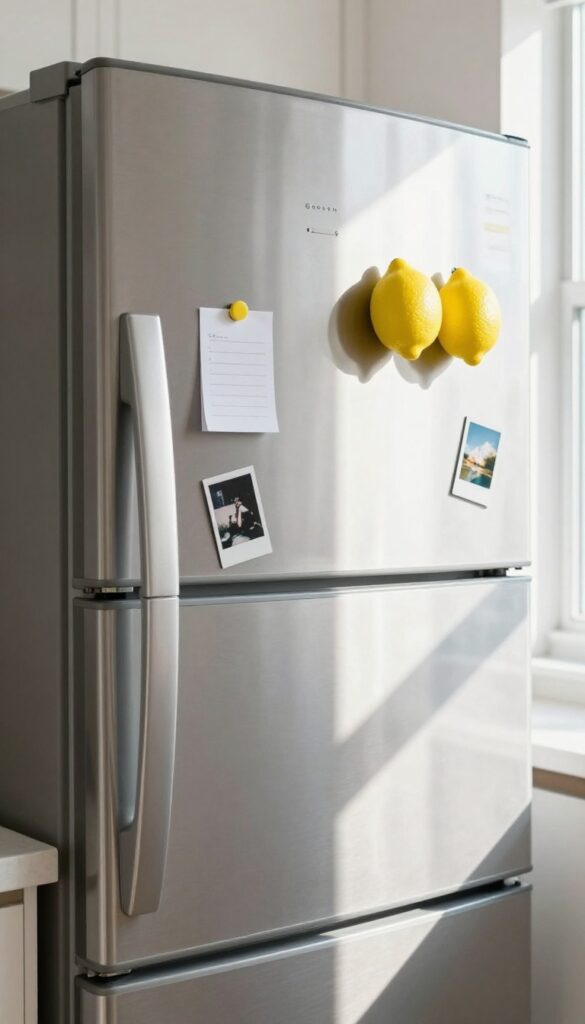 Lemon-shaped magnets on a refrigerator door holding a grocery list and photos in a bright kitchen.