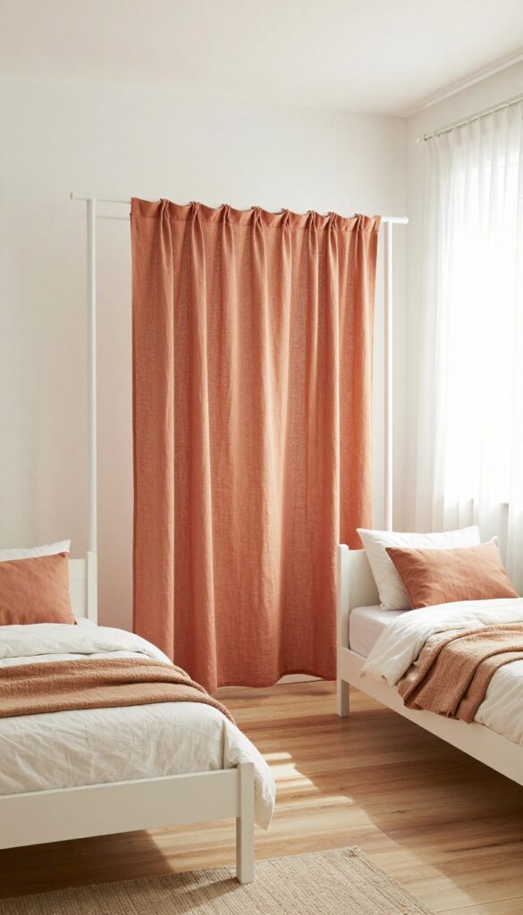 Kids bedroom with two twin beds separated by a fabric room divider in terracotta linen, warm and cozy interior design.