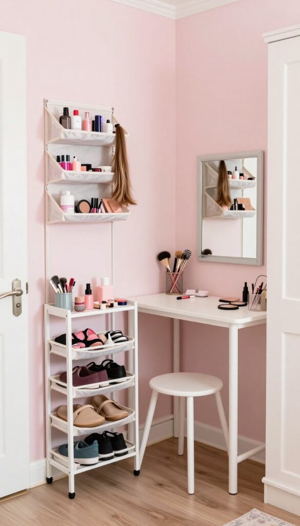 Over-the-door organizer vanity with folding table and mirror in a teenage girl's bedroom