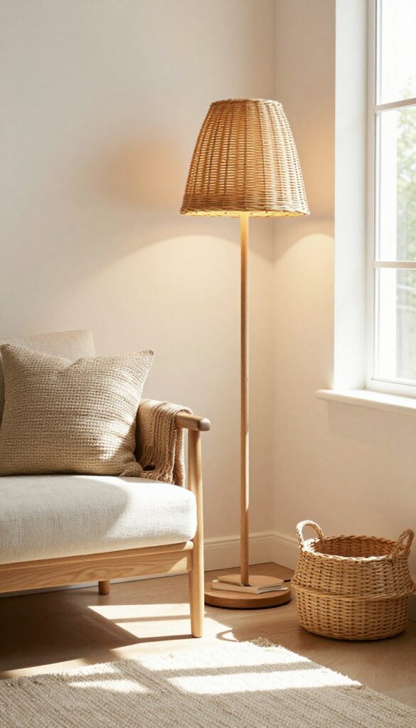 Boho living room with rattan floor lamp beside armchair