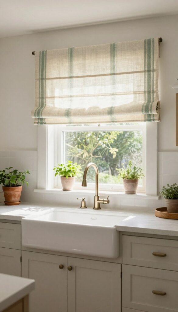Kitchen sink with a cozy Roman shade window treatment in cream and sage green stripes, natural light, farmhouse style.