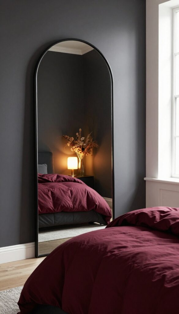 Dark romantic bedroom with arched mirror reflecting light and decor