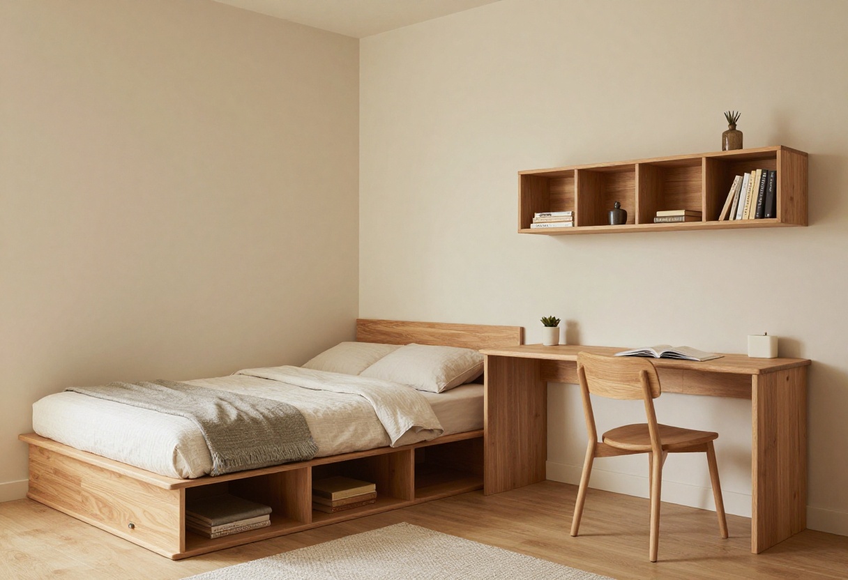 Cozy boys bedroom with built-in storage, warm wood tones, and a window seat