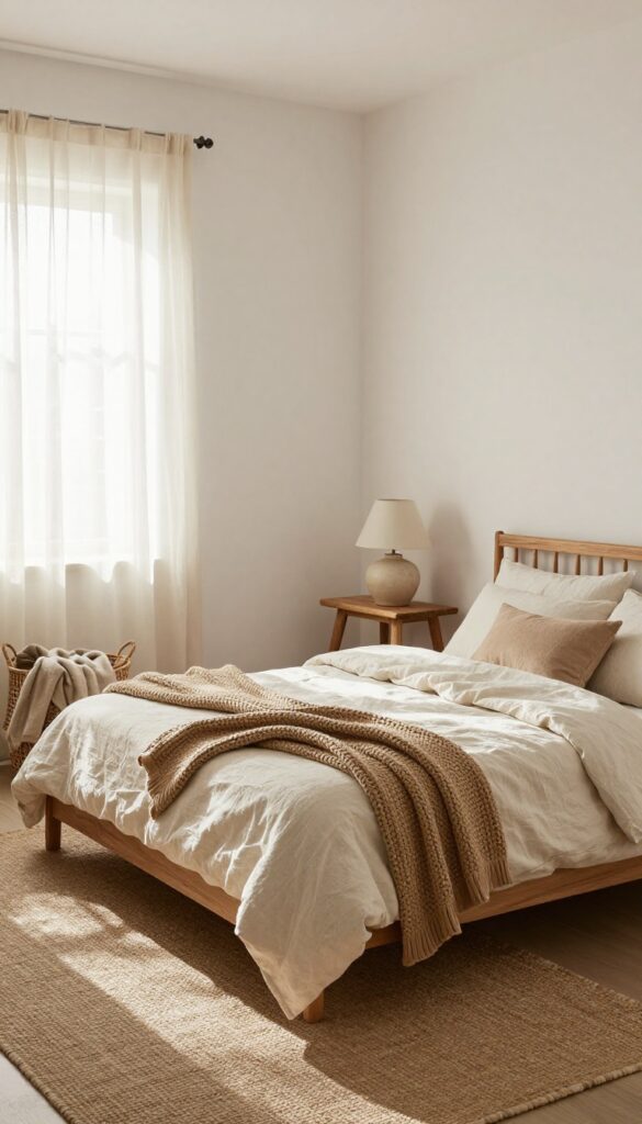 Cozy small bedroom with natural textures: jute rug, linen bedding, knit throw, rattan basket, wooden stool nightstand, warm sunlight.