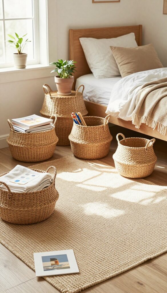 A cozy preteen girls bedroom featuring woven baskets and seagrass bins for storage, adding texture and warmth to the space.