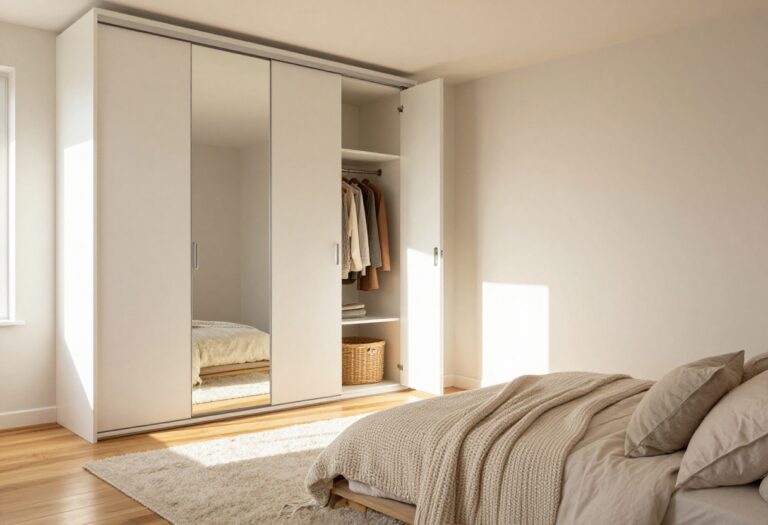 Cozy small bedroom with mirrored sliding door wardrobe and warm decor