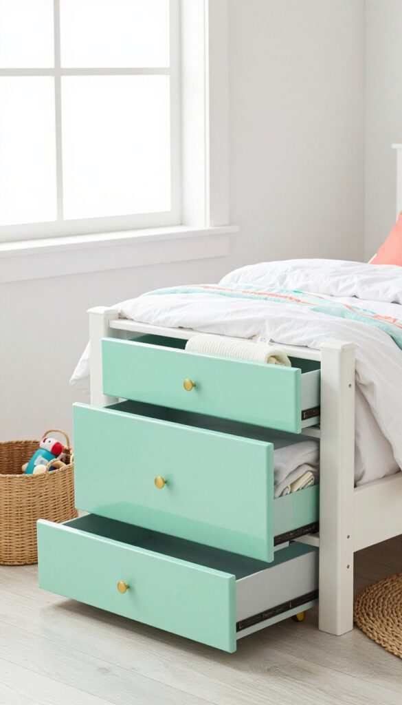 Under-bed drawers in mint green with gold knobs, storing seasonal clothes and toys in a bright girls' bedroom.