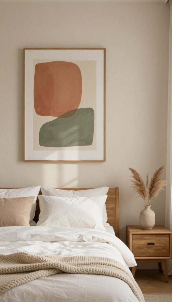 A neutral guest bedroom with a single large abstract art piece in earth tones above a bed with white linens and a knit throw.