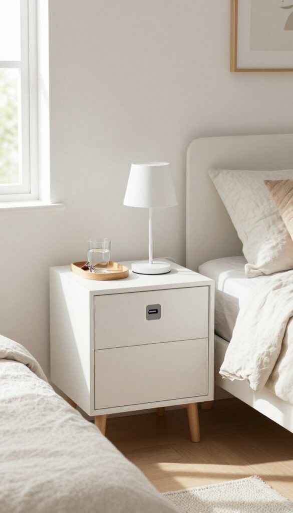 Floating nightstand with USB ports in a tiny guest bedroom