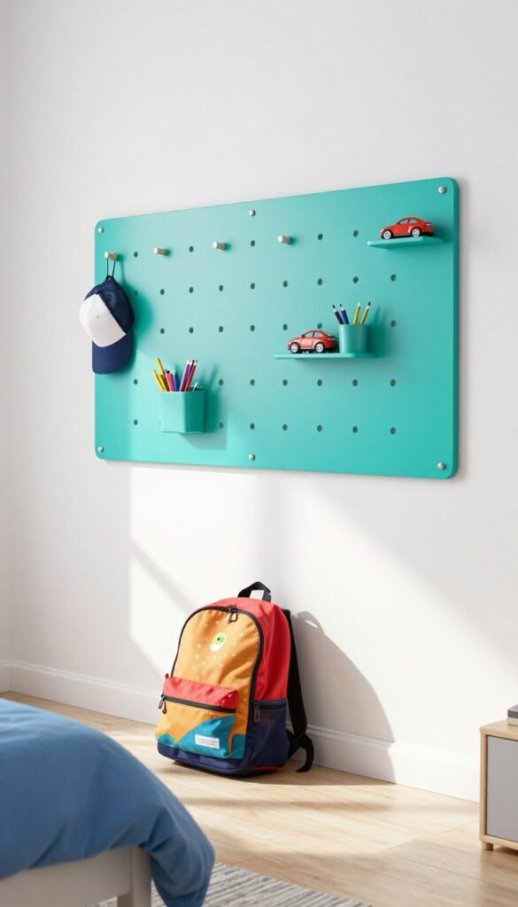 Boy's bedroom with a teal pegboard organizing backpack, hat, art supplies, and toys on the wall, keeping the floor clear.