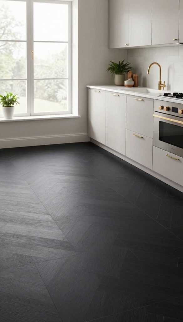 Modern kitchen with matte black herringbone tile floor, light cabinetry, and brass accents.