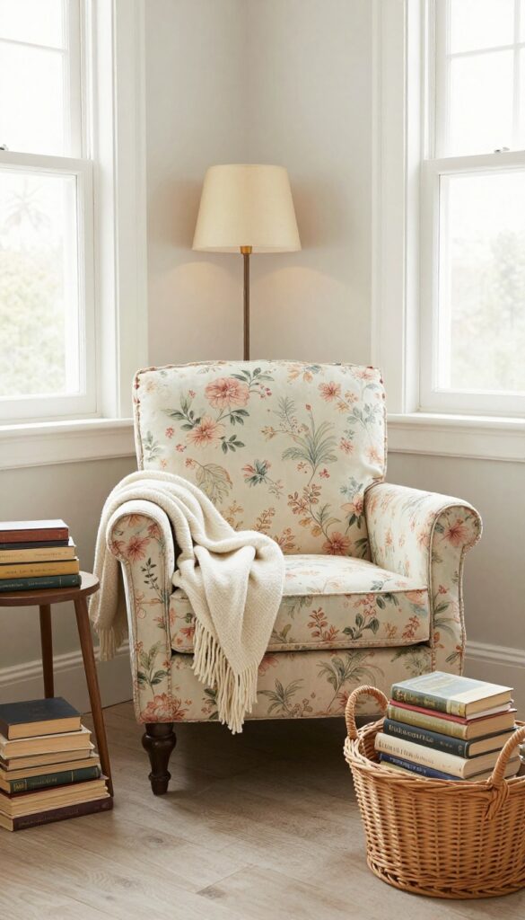 Cozy reading nook with vintage floral armchair, warm lamp, and basket of books in a bright bedroom corner.