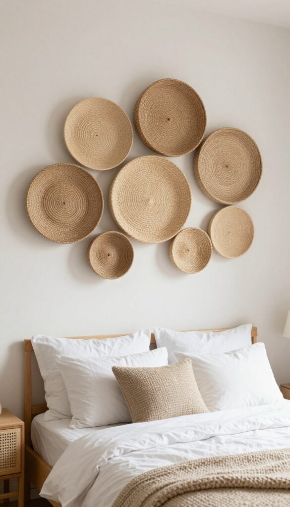 Neutral girls bedroom with woven wall baskets as art, soft cozy layers, natural light