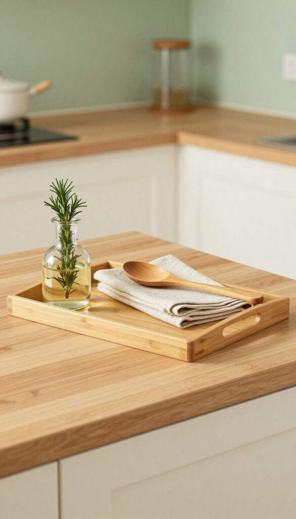 Mixed-material tray with bamboo base and slate top holding a glass oil bottle and potted rosemary on a kitchen counter.