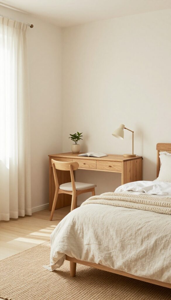 Teen girl bedroom with neutral walls, warm wood desk, linen curtains, chunky knit throw, and jute rug.
