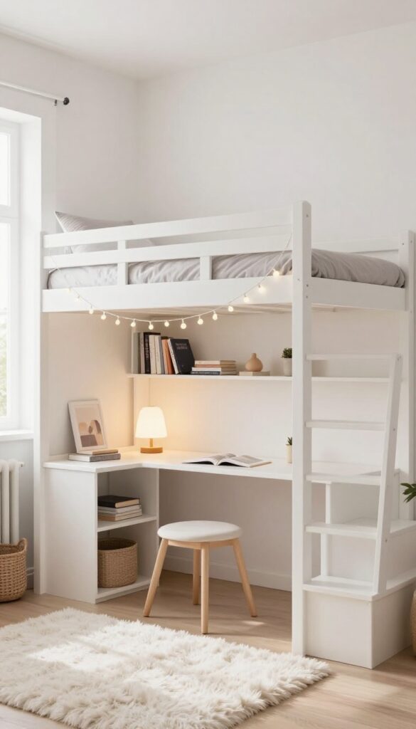 Loft bed with built-in desk and shelves in a bright girls bedroom, soft rug and string lights, photorealistic interior design