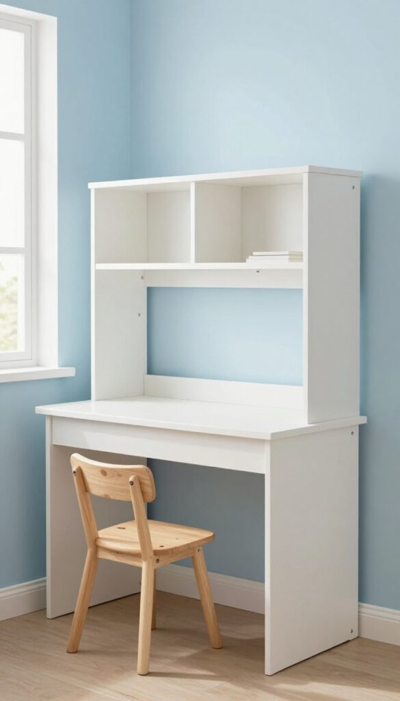 A fold-down desk folded up against a wall in a bright kids bedroom, with a stool tucked underneath.
