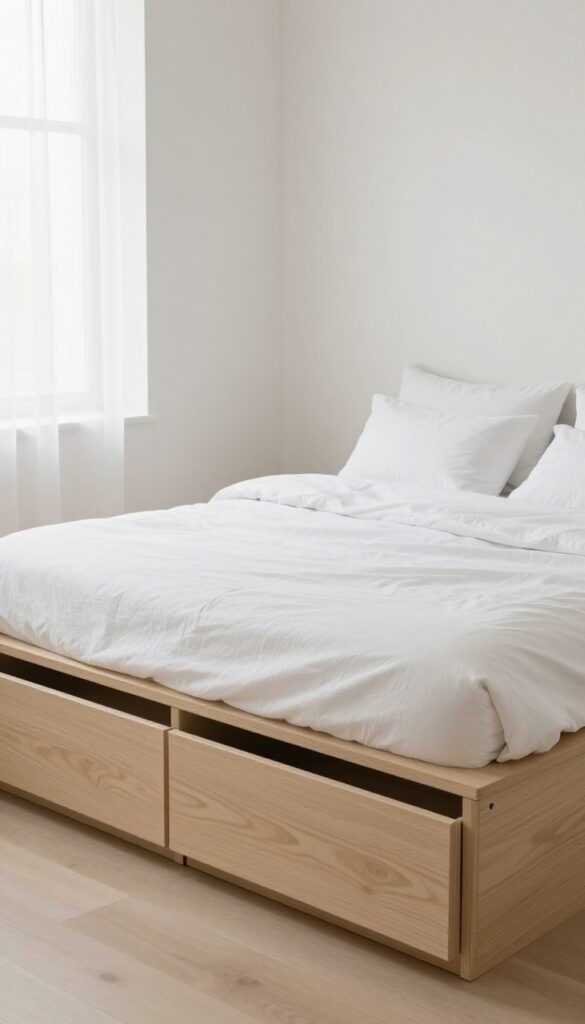 Platform bed with built-in drawers in a small bedroom