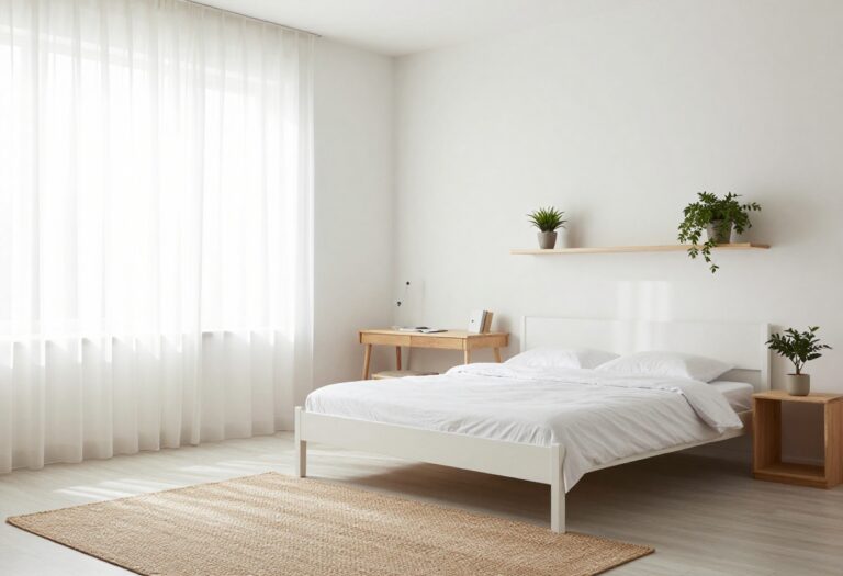 Light and airy guest bedroom office with Murphy bed and desk, sheer curtains, and neutral decor
