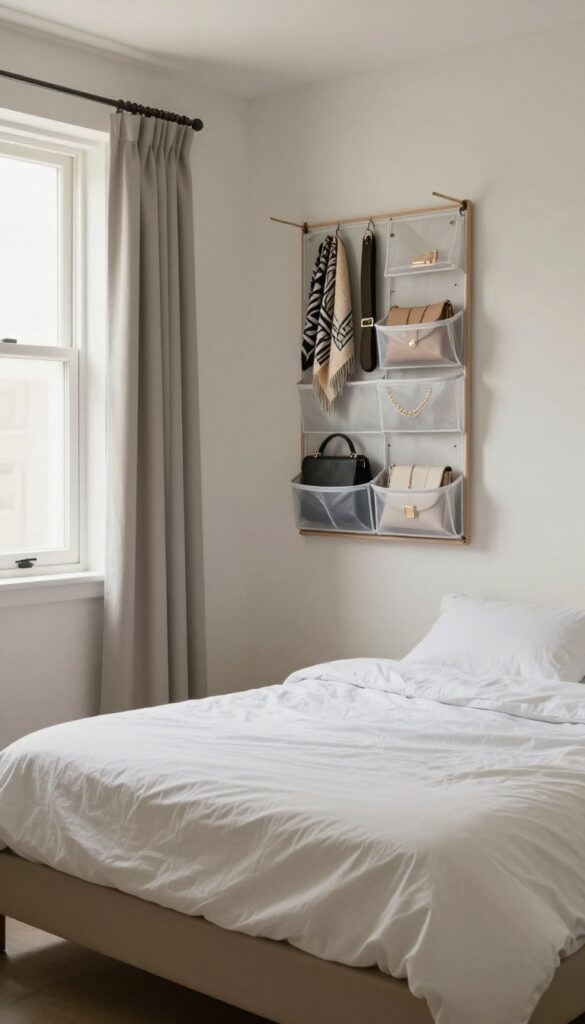 Over-the-door organizer on bedroom door holding accessories like scarf, belt, bag, and jewelry in a small bedroom with king-size bed.