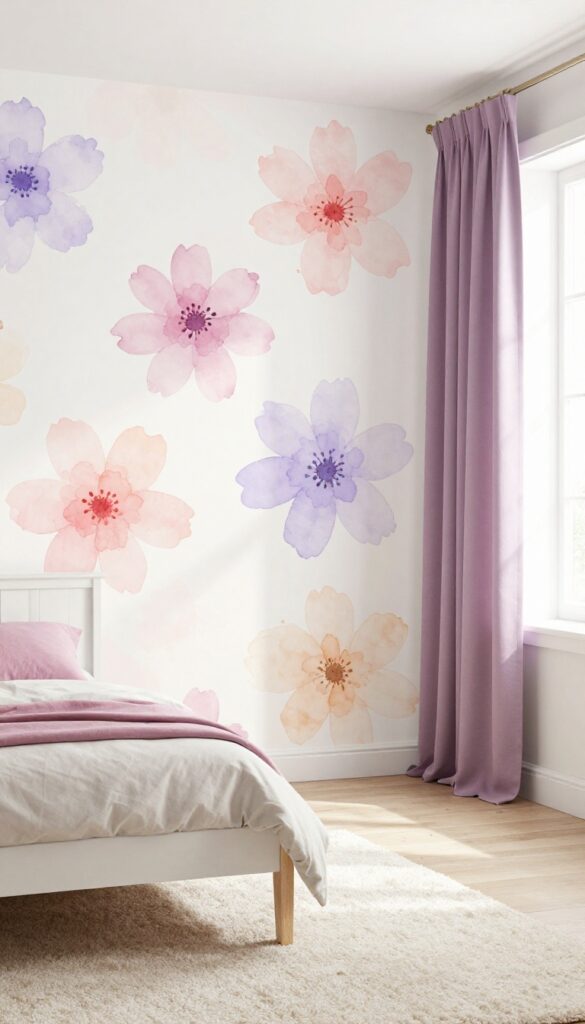 A girl's bedroom with a watercolor floral wallpaper accent wall behind a white bed, featuring pastel pink, lavender, and peach blooms on a creamy background, with soft curtains and natural light.