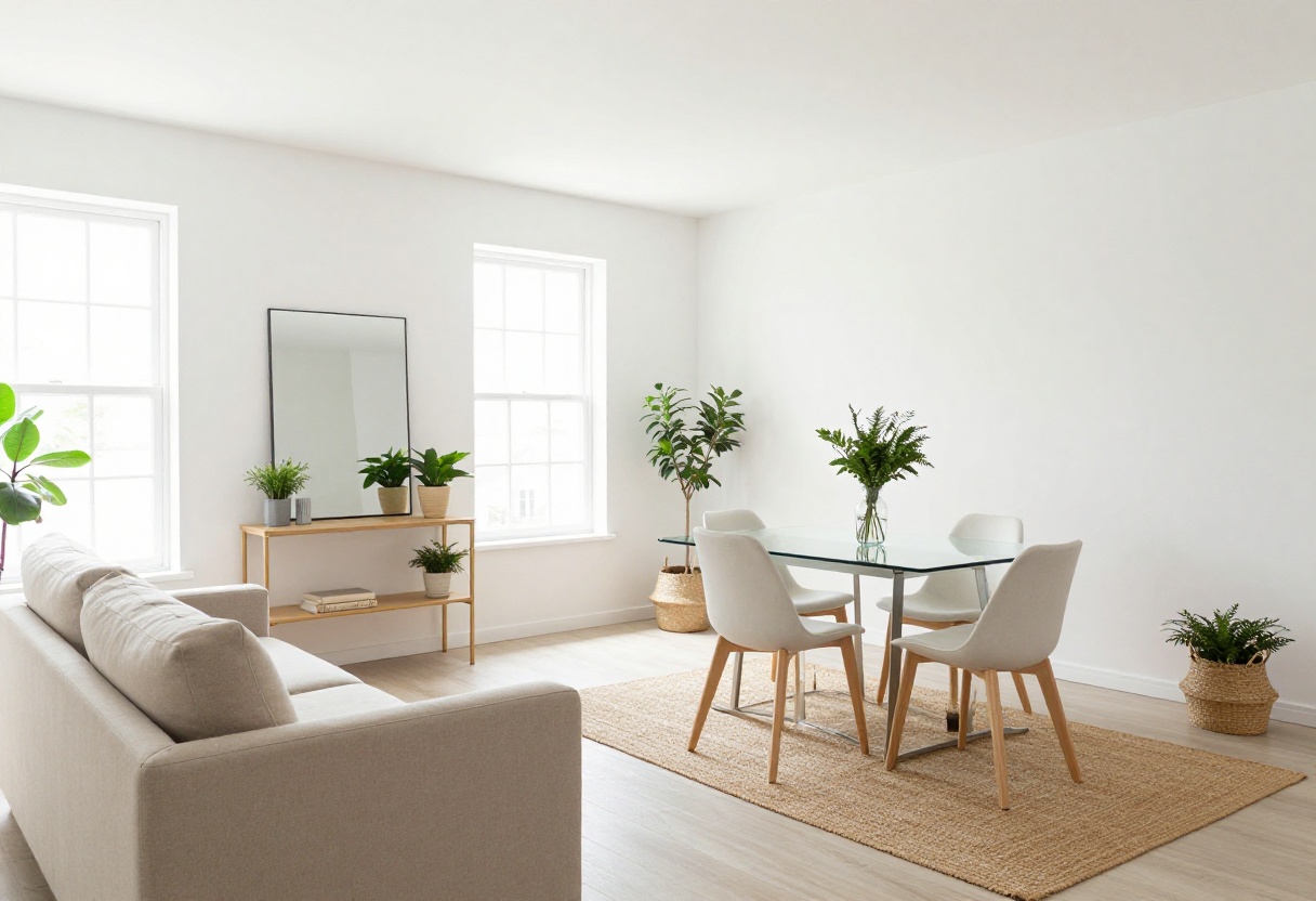 Light and airy open-concept dining and living room combo with neutral decor and natural light