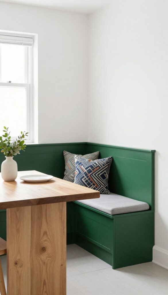 A kitchen banquette with a deep green painted bench and patterned cushion, set against neutral white walls and a natural wood table.