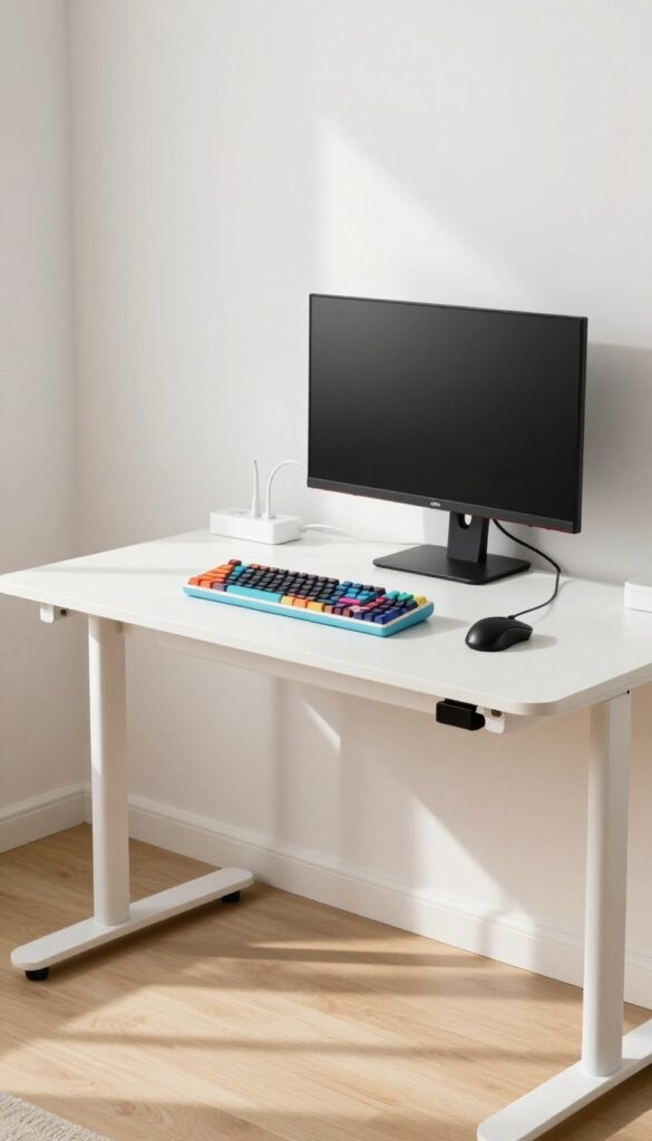 Clean gaming desk with hidden cables using white clips, sleeve, and under-desk tray in bright room