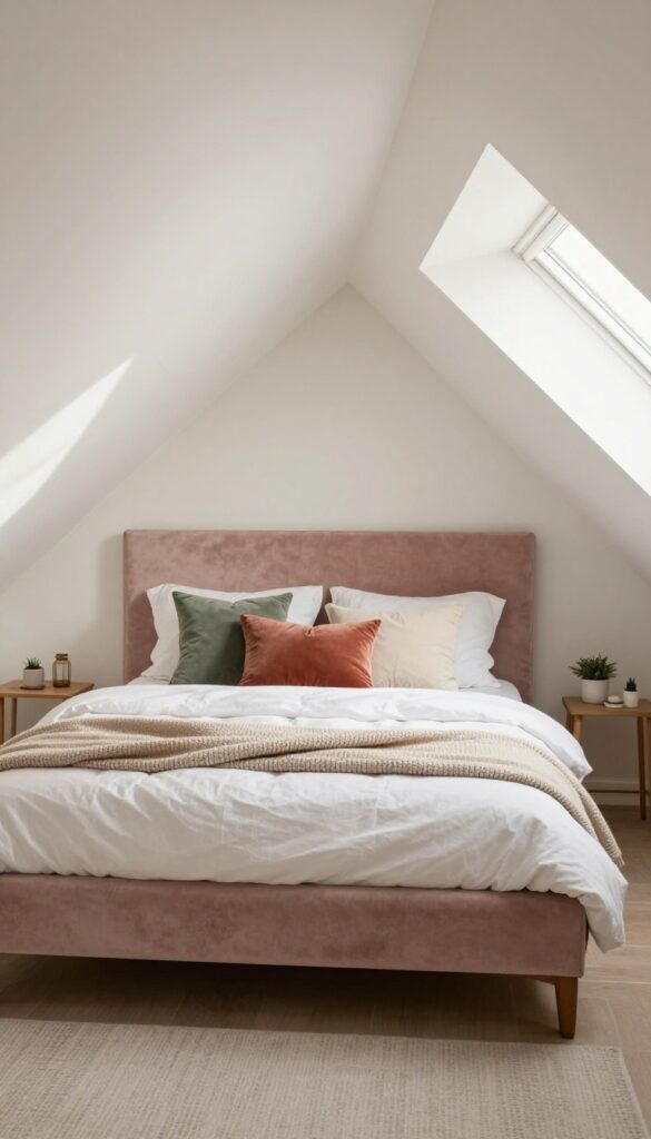Attic bedroom with DIY upholstered headboard on sloped ceiling, dusty rose velvet, cozy bedding, natural light