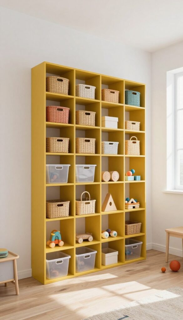 Wall-mounted toy storage grids in a kids' bedroom with colorful bins and baskets, organized and accessible.