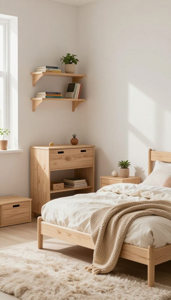 Cozy kids' bedroom with natural wood bed frame, shelves, and toy chest, soft textiles, and natural light.