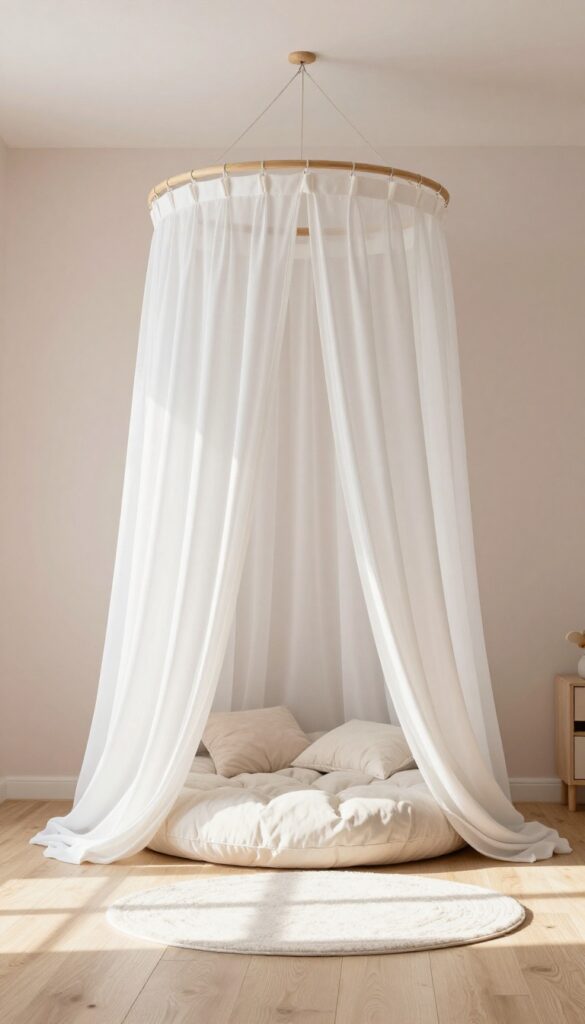 Cozy kids bedroom with a white cotton canopy creating a dreamy reading nook, soft sunlight filtering through the fabric.