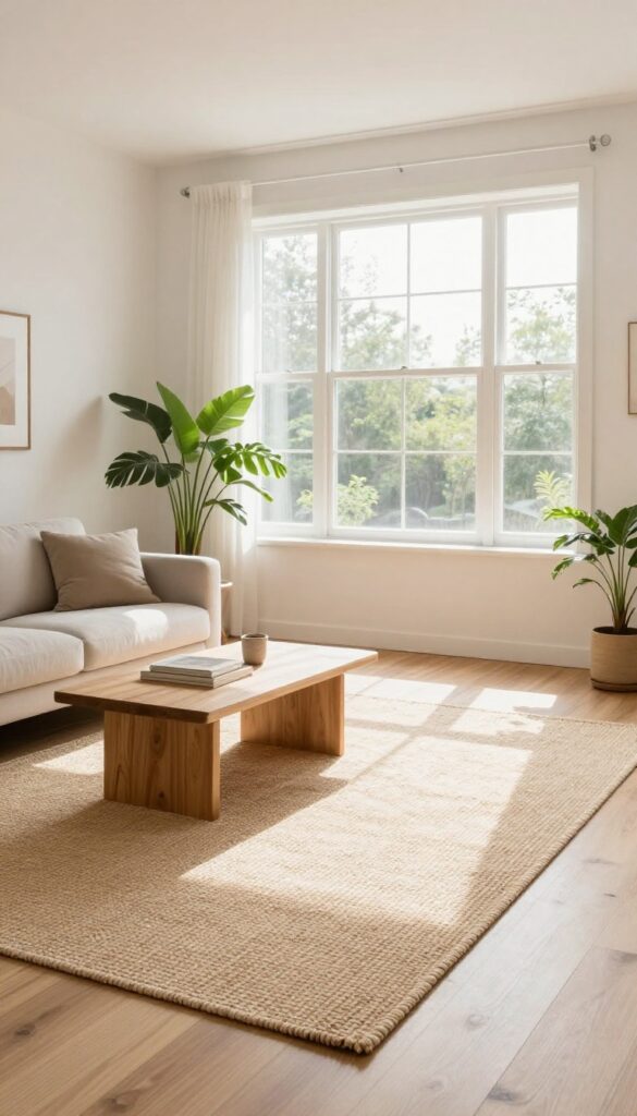 Light and airy living room with a jute rug layered with a cream cotton rug, natural sunlight, and simple decor.