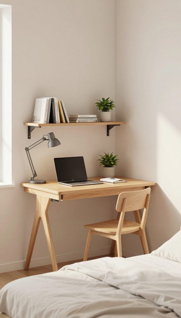 A small bedroom with a wall-mounted fold-down desk open for work, featuring a laptop, notebook, and lamp, with a chair tucked underneath.