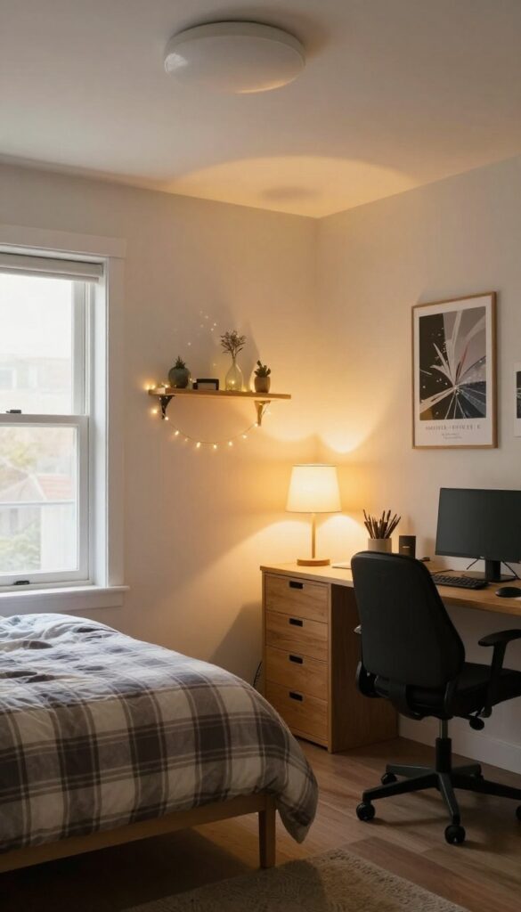 Cozy boy's bedroom with layered lighting including ceiling fixture, table lamp, and string lights.