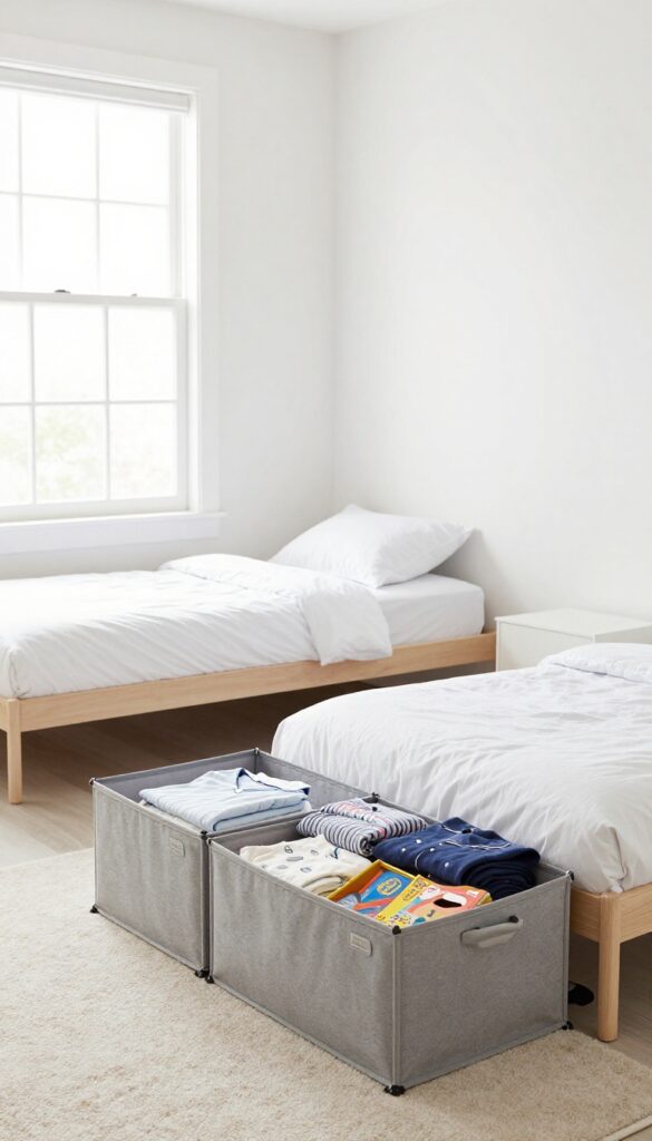 Under-bed storage bins in a shared kids' bedroom
